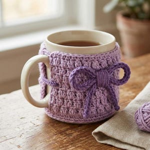 May include: A cream ceramic mug filled with tea, encased in a lavender crochet cosy. The cosy has a textured stitch pattern and a decorative bow. A ball of yarn and a linen napkin are next to the mug on a wooden surface.