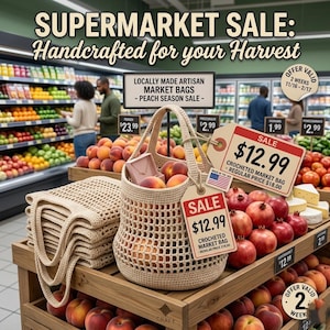 Op de afbeelding: Een beige gehaakte markttas, gevuld met perziken, wordt in een supermarkt getoond. De tas heeft een sale tag voor &euro;12,99. Andere markttassen en verse producten zijn ook zichtbaar, met een bordje "PEACH SEASON SALE".