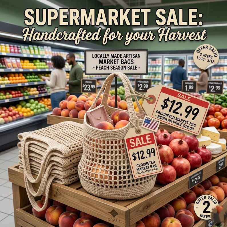 Op de afbeelding: Een beige gehaakte markttas, gevuld met perziken, wordt in een supermarkt getoond. De tas heeft een sale tag voor &euro;12,99. Andere markttassen en verse producten zijn ook zichtbaar, met een bordje "PEACH SEASON SALE".
