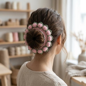 May include: A pink and green crocheted hair bun wrap. The wrap features a circular design with pink flower-like embellishments and a green border. The hair accessory is worn in a bun, showcasing the handmade craft.