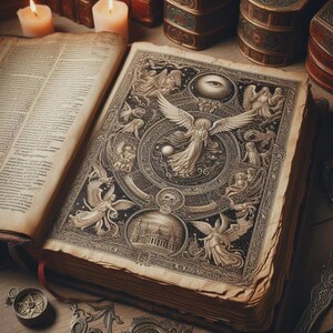 May include: An open antique book with detailed illustrations of angels, celestial bodies, and architectural elements. The pages are aged with a warm, sepia tone, and the cover features intricate engravings. Two lit candles and other books are in the background.
