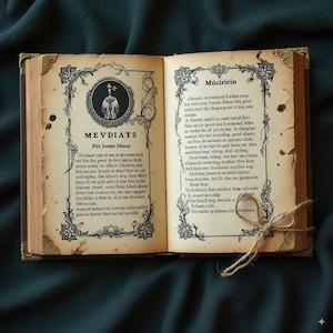 May include: An open antique book with aged pages and decorative floral borders. The left page features a portrait and the word "MEVDIATS". The right page displays text in an old script. A twine bow secures the book.
