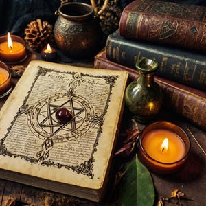 May include: An open antique book with a pentagram design and a red orb, surrounded by candles, old books, and a small green vase. The scene evokes a mystical or magical theme, with warm lighting and a vintage aesthetic.