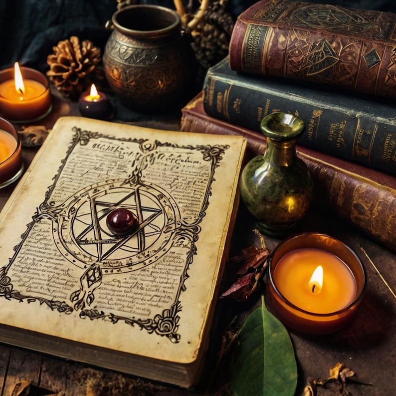 May include: An open antique book with a pentagram design and a red orb, surrounded by candles, old books, and a small green vase. The scene evokes a mystical or magical theme, with warm lighting and a vintage aesthetic.