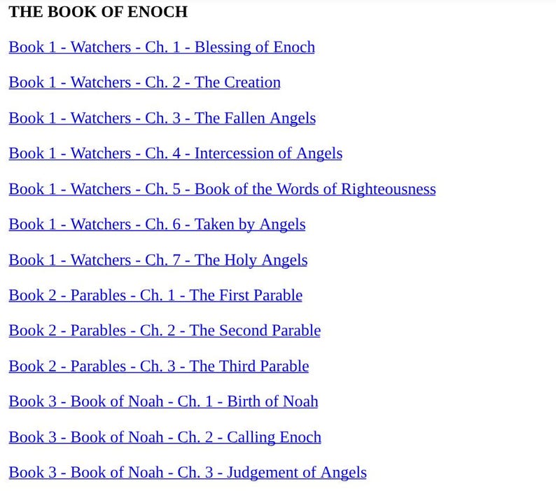 May include: A list of chapter titles from "The Book of Enoch" in a white font on a light background. The text includes titles such as "Blessing of Enoch," "The Creation," and "The Fallen Angels." The book is divided into sections including Watchers, Parables, and Book of Noah.