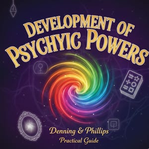 May include: Book cover titled "Development of Psychic Powers" with swirling rainbow colors at the center. The title is in gold lettering, with the authors' names and "Practical Guide" at the bottom. The background is dark purple with white line art.
