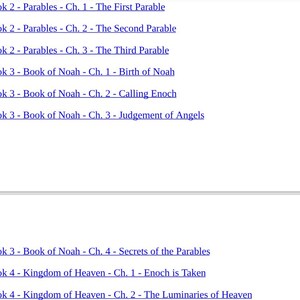 May include: A white page with a list of chapter titles from a book. The titles include "Parables," "Book of Noah," and "Kingdom of Heaven." The text is in a dark blue font.