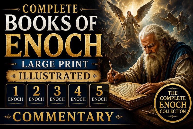 May include: A digital illustration of "Complete Books of Enoch" with text overlay. The image features a man writing in a book, with angels and text that reads "Large Print Illustrated Commentary". The collection includes books 1-5.