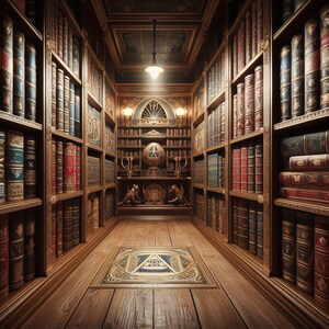 May include: A detailed image of a library interior with wooden bookshelves filled with antique books. The room has a warm, inviting ambiance with a patterned rug and ornate architectural details. A single light fixture hangs from the ceiling.