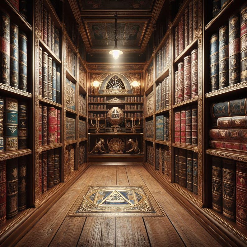 May include: A detailed image of a library interior with wooden bookshelves filled with antique books. The room has a warm, inviting ambiance with a patterned rug and ornate architectural details. A single light fixture hangs from the ceiling.