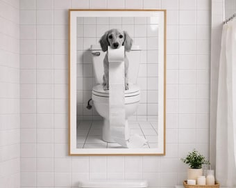 Creme Langhaar Dackel Toilette Humor Kunstdruck, Hund Gast Dekor (digitaler Download)