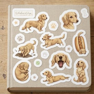 Pode incluir: Uma coleção de adesivos de cães dachshund em várias poses, incluindo correr, dormir e bocejar. Os adesivos são em tons de bege e castanho, com pegadas, estrelas e um cachorro-quente com um dachshund. Em um caderno bege.