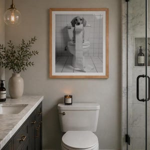 May include: A framed black and white photograph of a dog sitting on a toilet, holding a roll of toilet paper. The bathroom also features a white toilet, a lit candle, a vase with greenery, and a marble countertop.