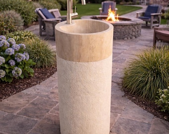 Travertine Garden Sink, Handmade Freestanding Stone Basin, Outdoor Pedestal Sink