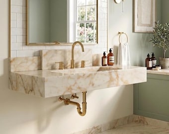 Lavabo de mármol Calacatta Gold hecho a mano – Lavabo de baño de lujo / Lavabo de piedra a medida / Montaje en pared