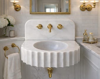 Carrara White Small Fluted Marble Bathroom Sink, Handmade Oval Vanity Basin, Wall Mount or Countertop