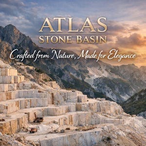May include: A stone quarry landscape featuring large white marble blocks and heavy machinery. The text ATLAS STONE BASIN and Crafted from Nature, Made for Elegance is overlaid on the sky above the mountain range at sunset.