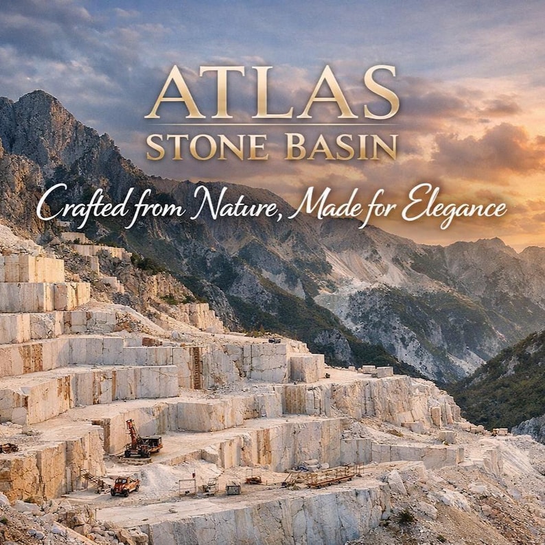 May include: A stone quarry landscape featuring large white marble blocks and heavy machinery. The text ATLAS STONE BASIN and Crafted from Nature, Made for Elegance is overlaid on the sky above the mountain range at sunset.