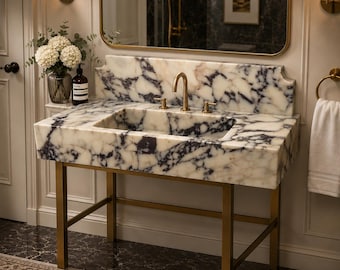 Calacatta Viola Marble Bathroom Sink with Backsplash, Handmade Marble Vanity Basin, Wall Mount or Countertop