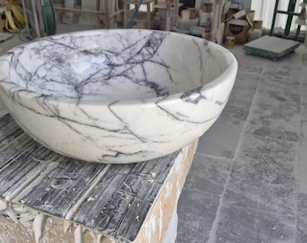 Lilac Marble Round Vessel Sink, Handmade Natural Stone Bathroom Basin, Countertop Vanity Sink