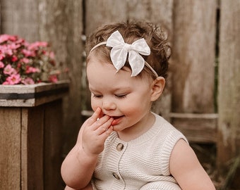 Fable Baby Headband, Linen bows, newborn headbands, infant bows, baby girl headband, sailor bow, neutral baby bows, cotton hair bows