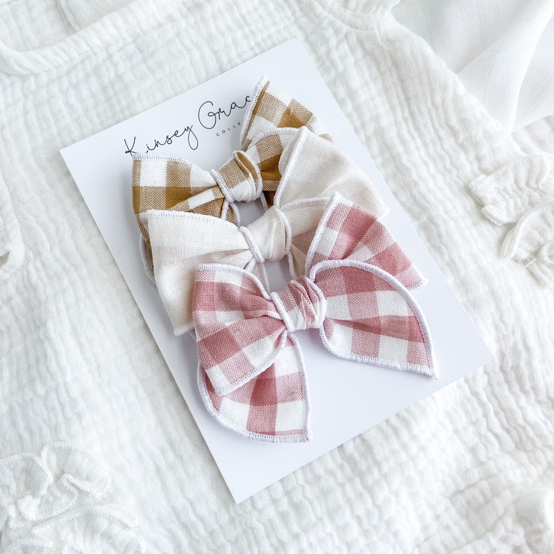 Gingham Bow Set, Baby Headband Set, newborn girl headbands, baby hair bows, girls hair clips, baby girl bows, toddler bow, hair clip bow set image 6