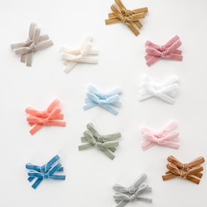May include: Assortment of velvet hair bows in various colors, including light blue, pink, white, gray, brown, and coral. The bows are arranged on a white background.