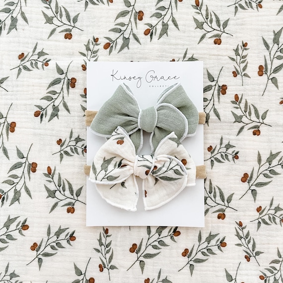 Sage Floral Hair Bow Set, Baby Bows, Baby Headbands, Newborn Girl Bows, Toddler Hair Bows, Girls Hair Clips, Womens Hair Bow, Bow Headband