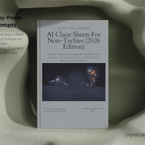 May include: A book titled "AI Cheat Sheets For Non-Techies (2026 Edition)" is displayed. The cover features text about AI prompts and guides, with a dark image of lightbulbs. The book promises to save time and is beginner-friendly.