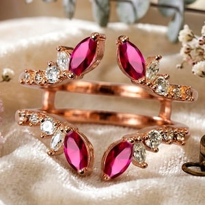 Marquise Ruby Wedding Ring Enhancer, 14k Rose Gold Finish Curved Ring Guard, Vintage Pink Ruby Ring Jacket Wrap, Gift for Her