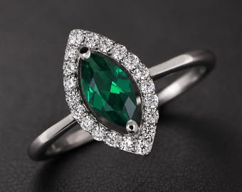 Marquise Emerald Halo Engagement Ring, Sterling Silver Vintage Bridal Band