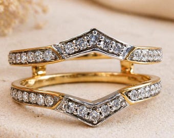 Vintage Moissanite Ring Enhancer, 14K Yellow Gold Finish Chevron Guard Wrap