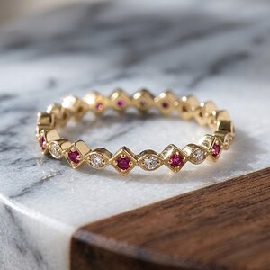 Alternating Simulated Ruby & Diamond Wedding Band Gold, Geometric Eternity Ring, 925 Sterling Silver Stackable Band, Art Deco Gift for Her