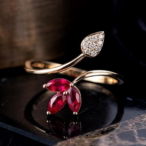 Marquise Ruby Leaf Ring, 14k Yellow Gold Finish Bypass Band, Simulated Diamond Accent