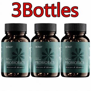 May include: Three brown supplement bottles with black caps. Each bottle has a teal label with the brand name "BIOMA" and the word "PROBIOTICS". The label also states "30 DAY SUPPLY 60 CAPSULES". The text "3Bottles" is in red at the top.