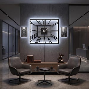 Reloj de pared de metal, arte con números romanos de acero - Decoración grande con retroiluminación LED