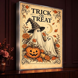 Puede incluir: Un cuadro rectangular con el texto TRICK OR TREAT en letras negras. La ilustración muestra dos fantasmas blancos, uno con un sombrero de bruja negro, rodeados de calabazas naranjas, hojas de otoño y una luna creciente.