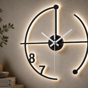Modern Metal Clock, Black Steel Open Frame with LED Backlight