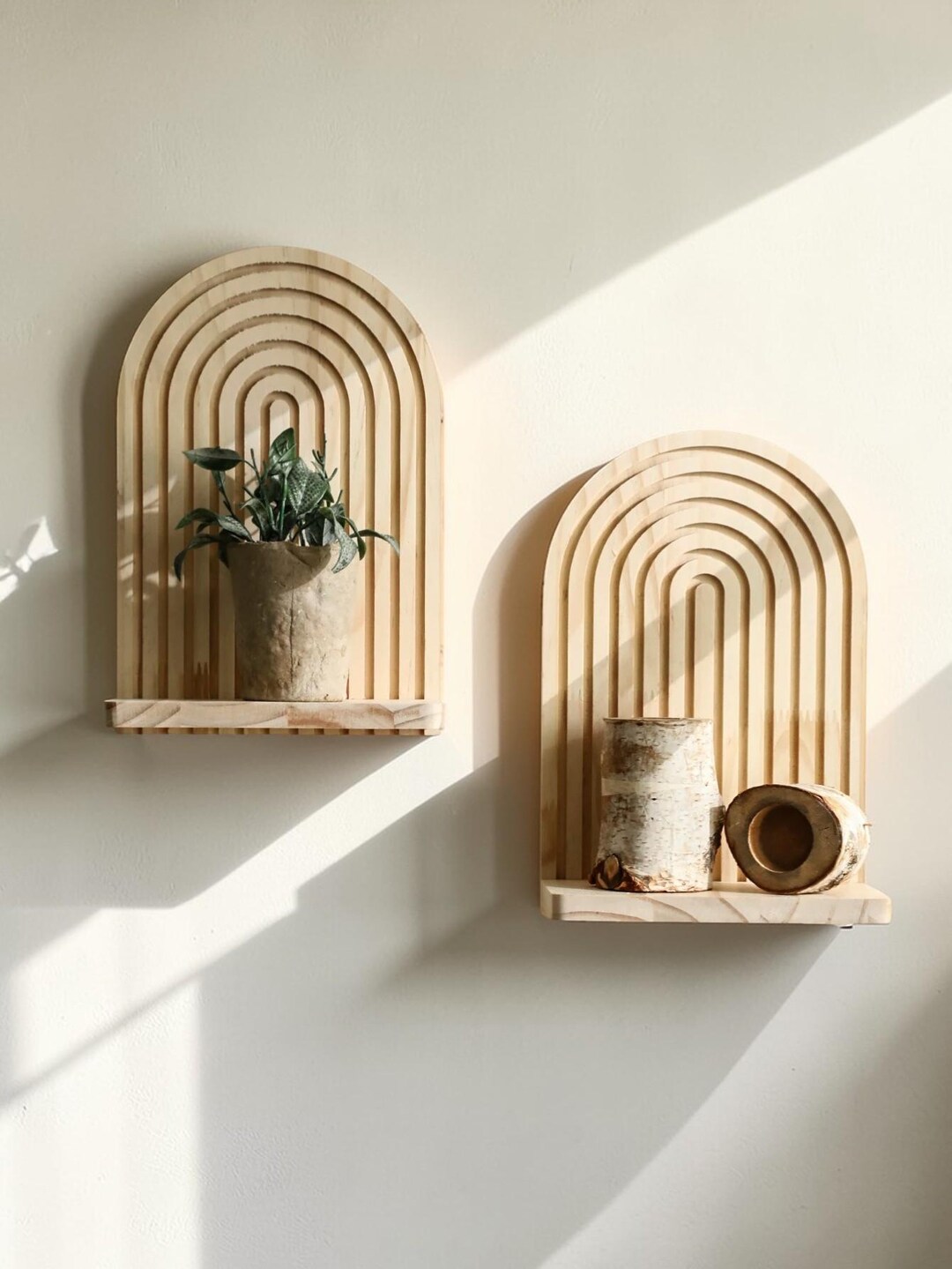Boho Arch Wooden Wall Shelf | Rustic Floating Display Stand, Plant ...