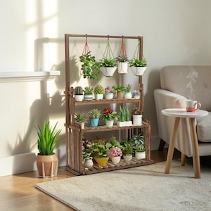 Wooden Hanging Plant Stand: Multipurpose Pinewood Garden Planter Shelf