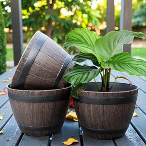 Resin Barrel Planter, Rustic Farmhouse Bucket Style, 9 Inch Flower Pot, Outdoor Garden Décor