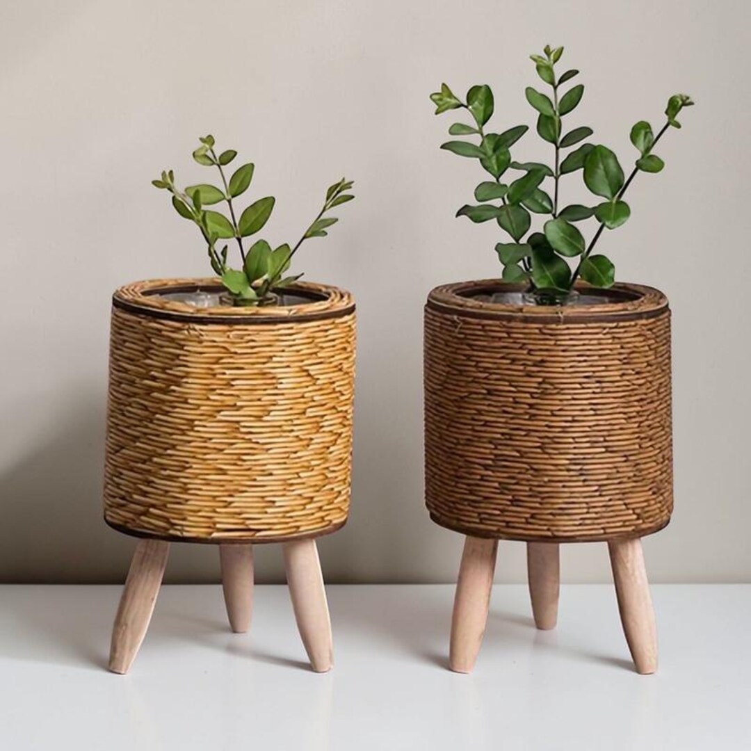 Rustic Rattan Planter With Wooden Legs – Woven Plant Pot Basket - Etsy