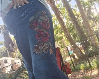 Embroidered asymmetrical jean skirt