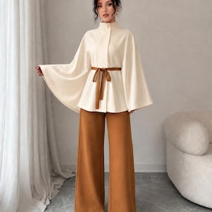 Women's Two Piece Pants Set, High Neck Cape Top & Wide Leg Trousers, Elegant Modest Outfit, Office and Wedding Guest
