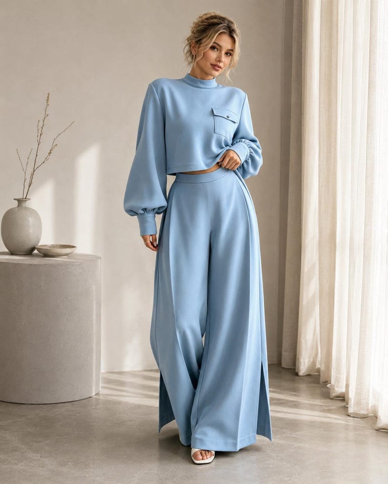 Puede incluir: Un conjunto de dos piezas azul claro que consta de una parte superior corta de manga larga con cuello alto, un peque&ntilde;o bolsillo en el pecho y mangas voluminosas, combinado con pantalones anchos de tiro alto con costuras y aberturas laterales.