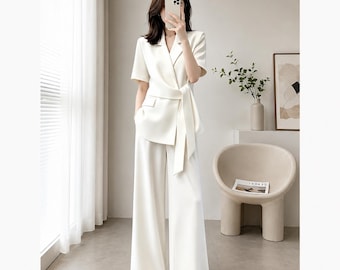Elegant Two Piece Pantsuit for Women | Minimalist Wide Leg Trouser Suit | Chic Office Wear
