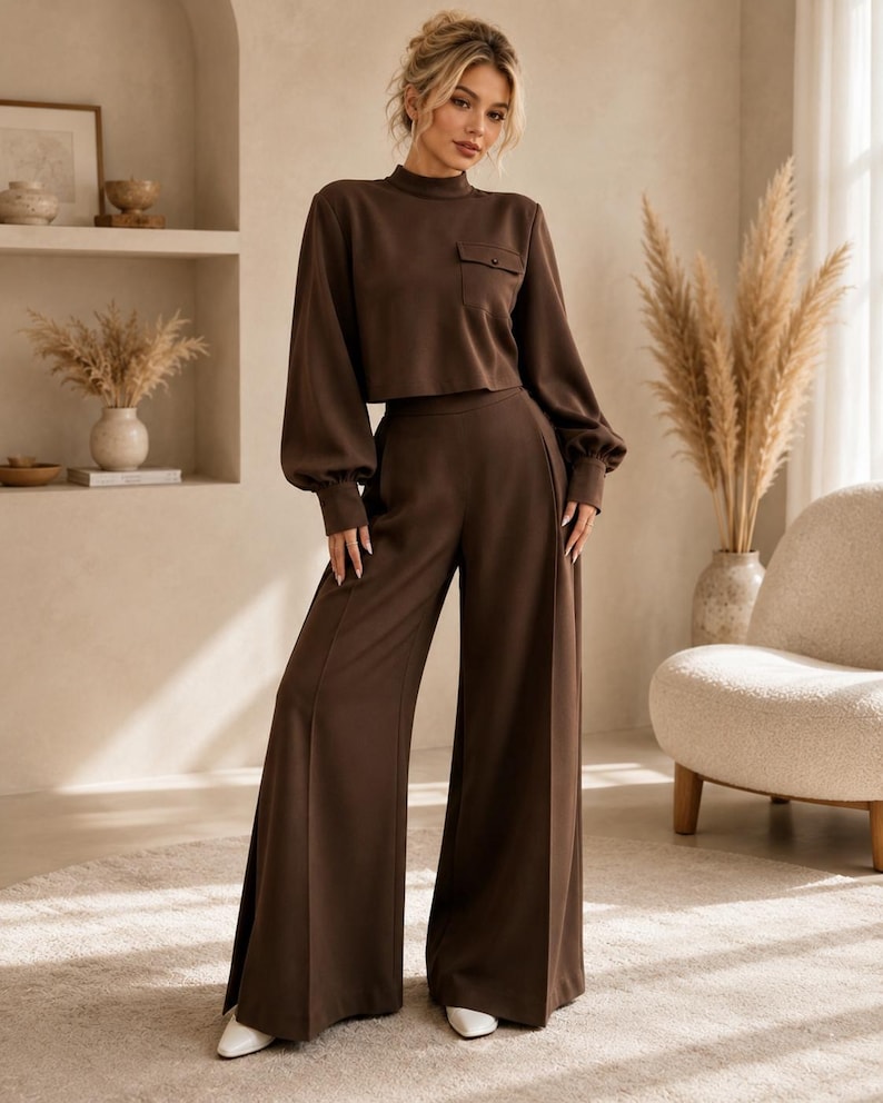 Puede incluir: Un conjunto de dos piezas de color marr&oacute;n oscuro que consta de un top corto de manga larga con cuello alto y un bolsillo en el pecho, combinado con pantalones de pierna ancha y cintura alta con una raya marcada en cada pierna y zapatos blancos.