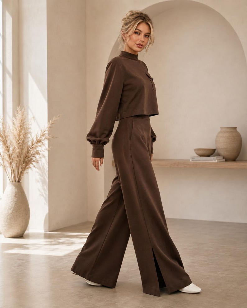 Puede incluir: Un conjunto de dos piezas de color marr&oacute;n oscuro que consta de un top corto de manga larga con cuello alto y un peque&ntilde;o bolsillo en el pecho, combinado con pantalones de tiro alto y pernera ancha con aberturas laterales y zapatos blancos.