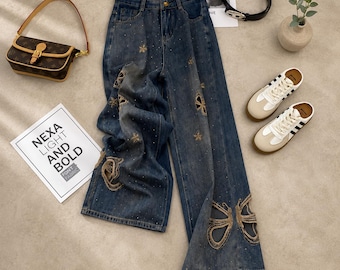 Boho Butterfly Denim Jeans, Women’s High Waist Leg Pants | Embellished Blue Denim | Y2K Trend