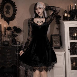 Black Gothic Velvet-Look Lace Dress, Halloween Witch Mini Dress, Victorian Dark Romance Alternative Outfit